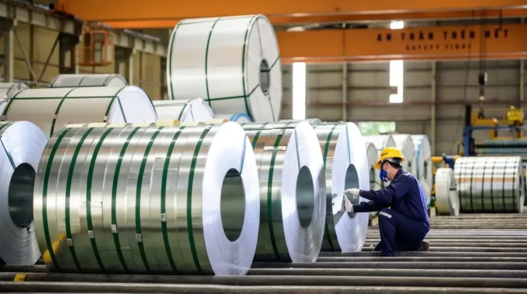 Inspector checking steel coils during a trial order quality inspection